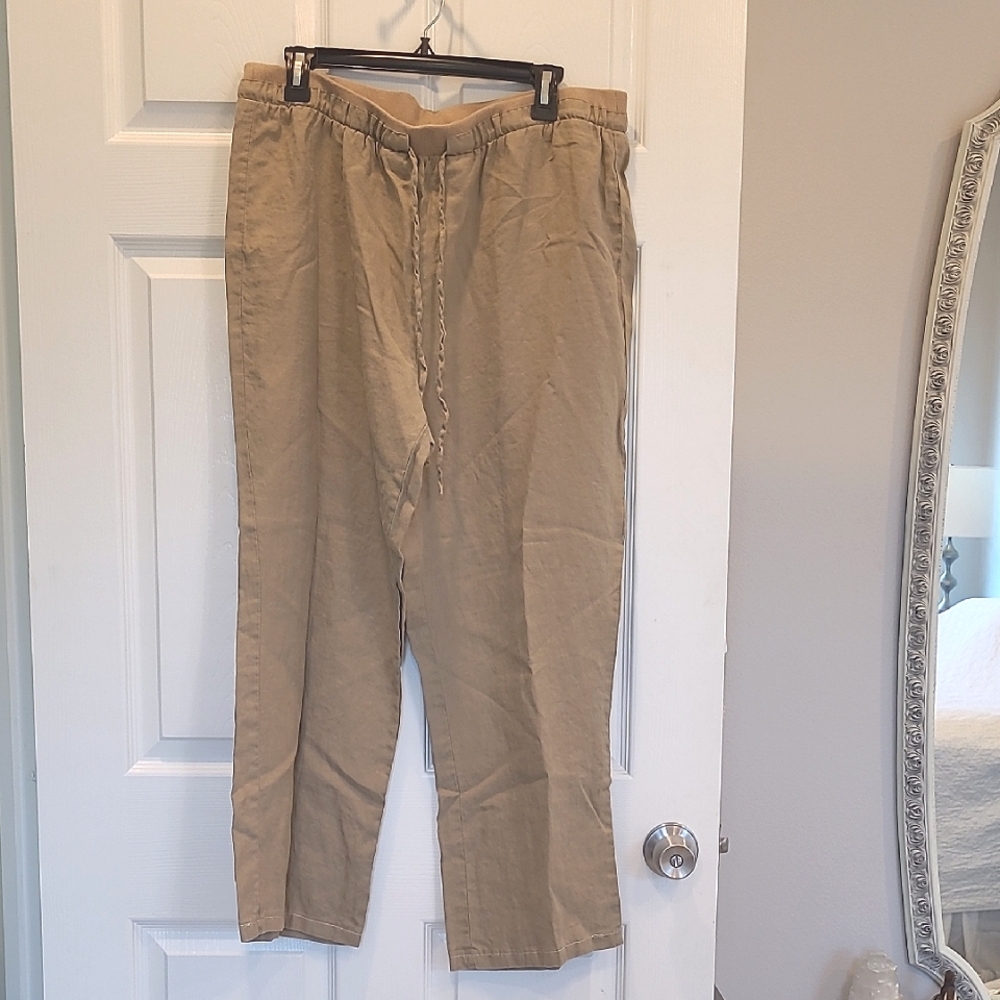 100% Linen Tan Beige Flax Summer Beach Pants Sz XL Ellen Tracy Company